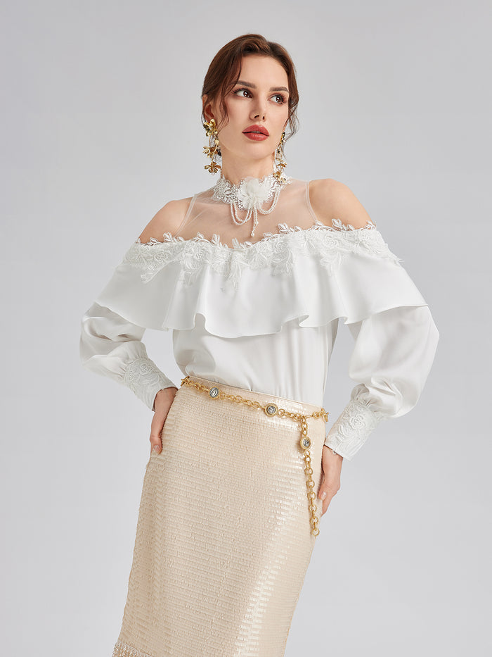 Off-Shoulder Ruffle Lace Mesh Top