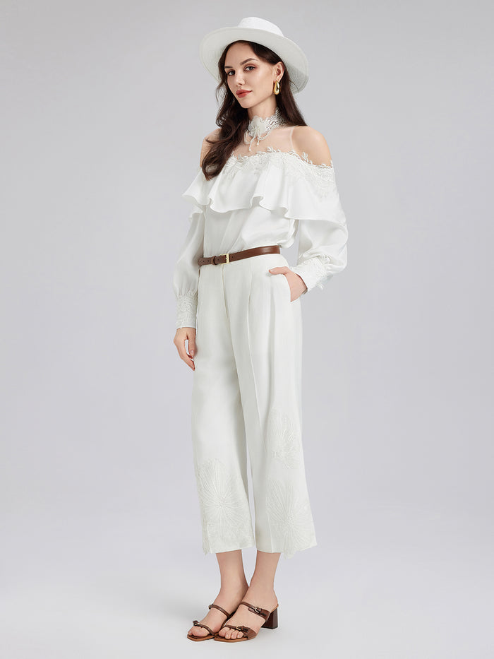 Off-Shoulder Ruffle Lace Mesh Top