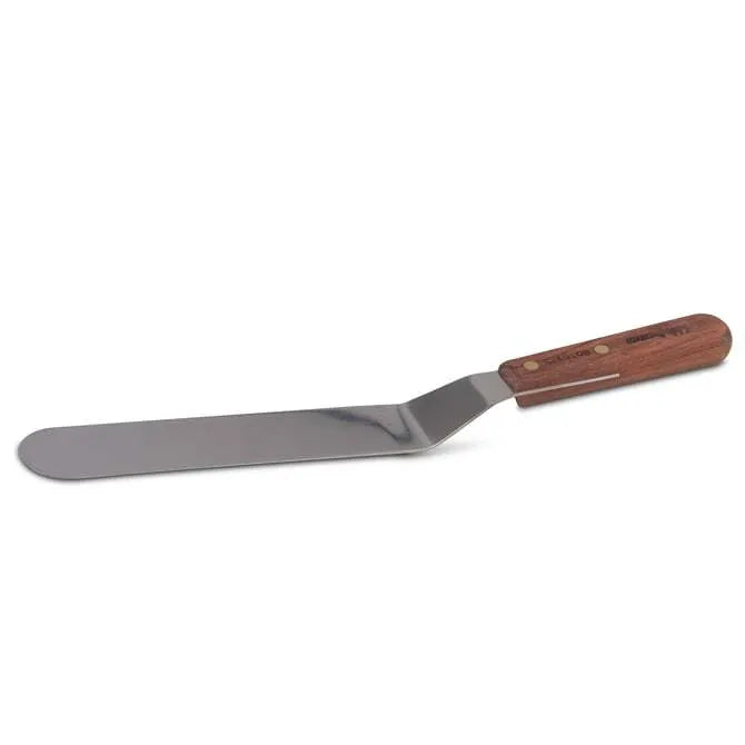 An offset spatula with a stainless steel blade and a wooden handle on white background.