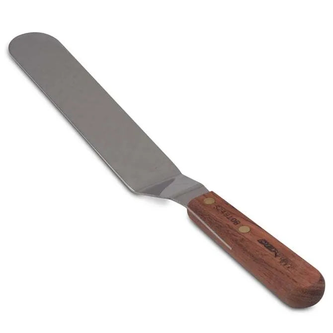 An offset spatula with a stainless steel blade and a wooden handle on white background.