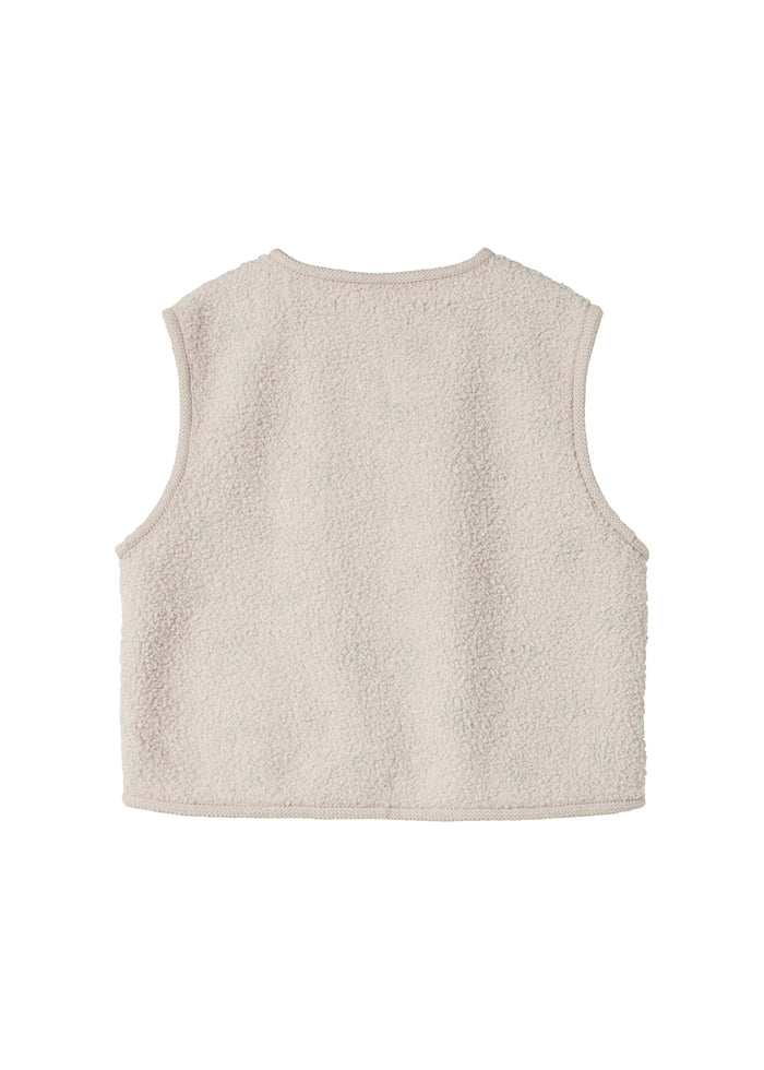 Beige teddy-vest uden mønster, blød fleece-tekstur på ryggen