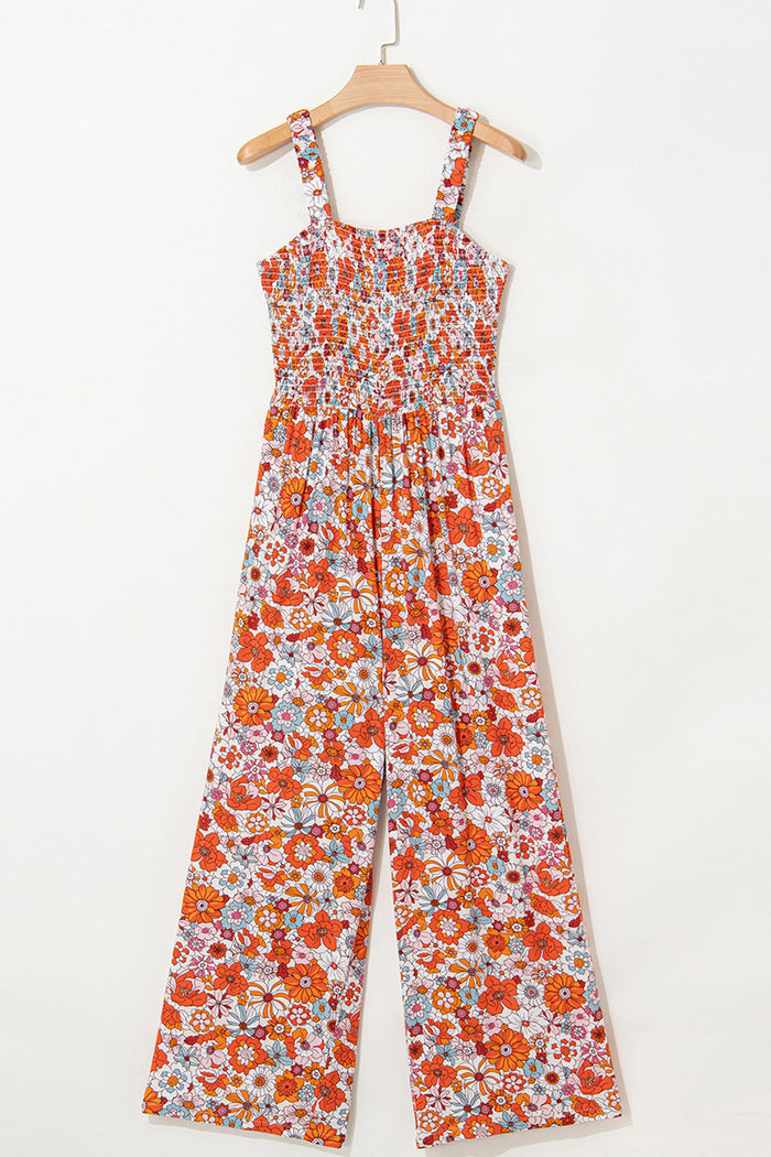 Orange Floral Print Sleeveless Smocked Shift Jumpsuit