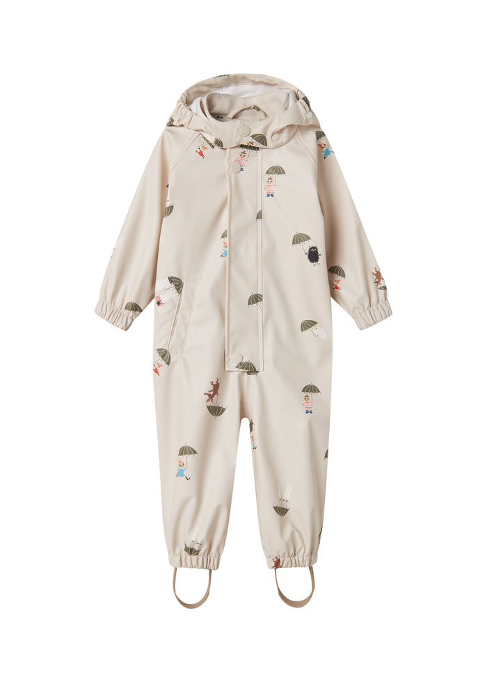 Beige baby raincoat with Moomin print, hat, and booties.