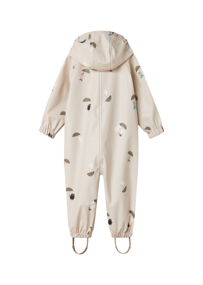 Beige baby raincoat with Moomin print, hat, and booties.