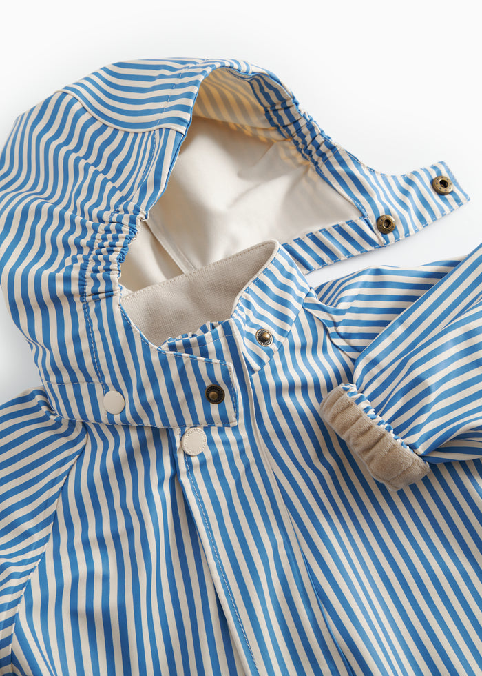Blue striped raincoat with hat and booties for baby