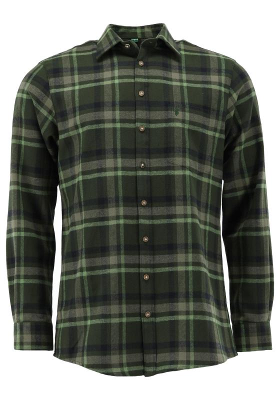 OS Trachten Men's Forest Green Flannel Trachten Shirt – Long Sleeve, Shark Collar & Embroidery