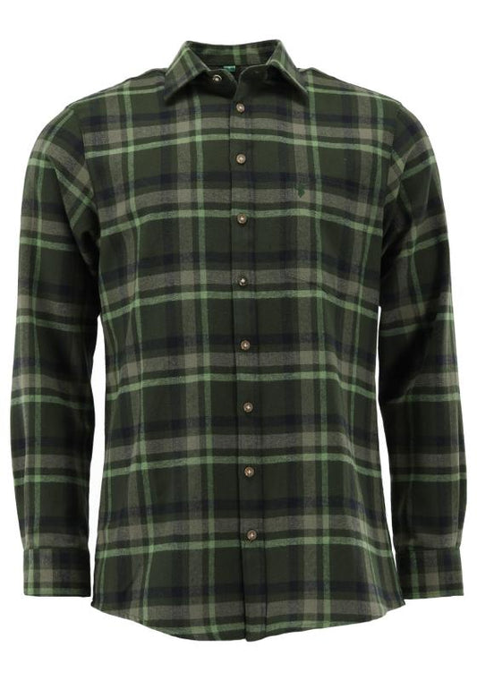 OS Trachten Men's Forest Green Flannel Trachten Shirt – Long Sleeve, Shark Collar & Embroidery