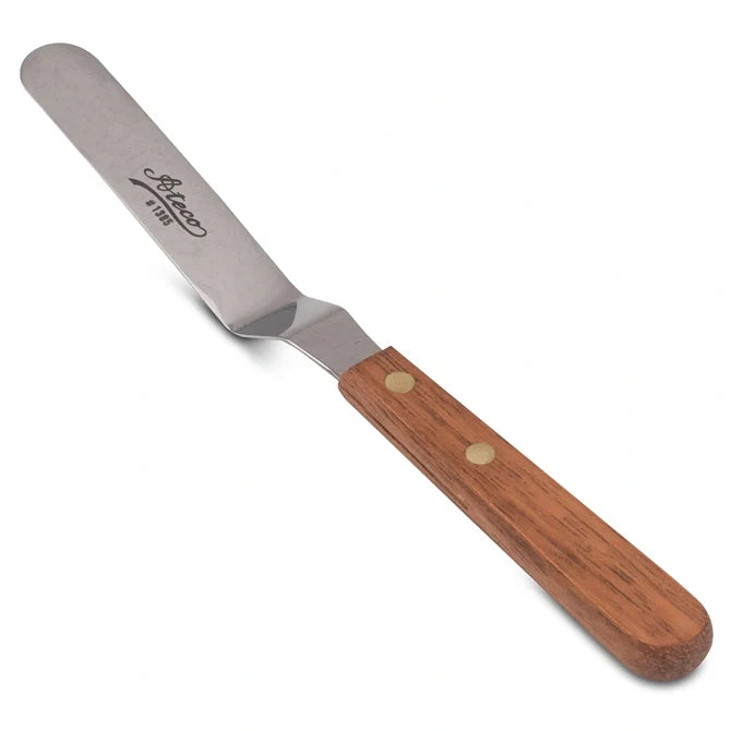Spatula with wooden handle and metal blade on a white background