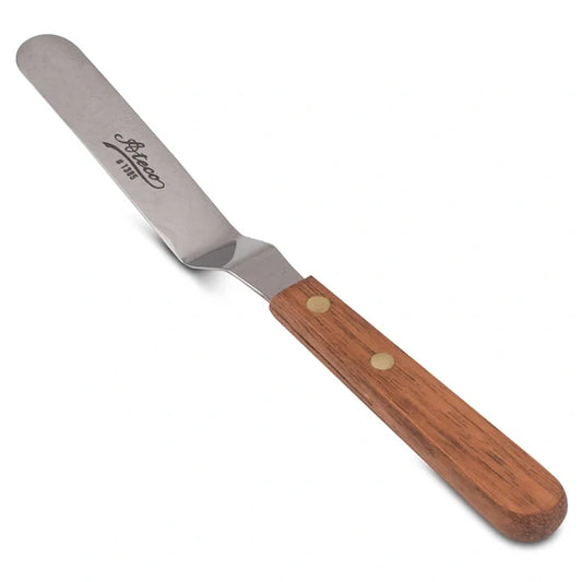 Spatula with wooden handle and metal blade on a white background