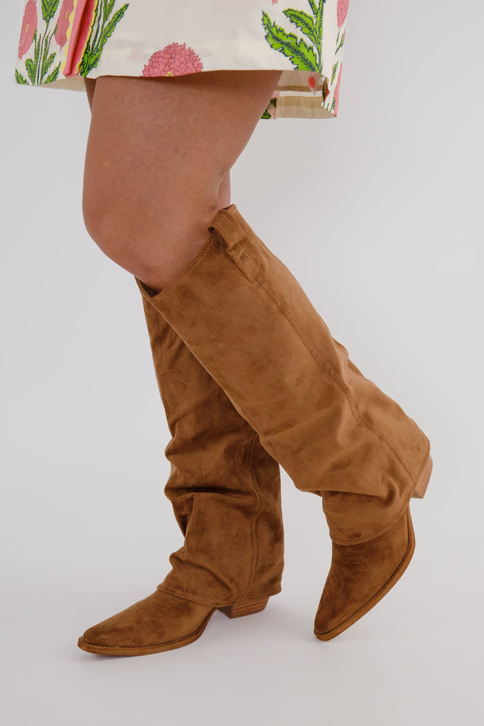Pamela Miim Faux Suede Boots- Dark Camel Pointed Toe Western Boots - Women's Western Boots