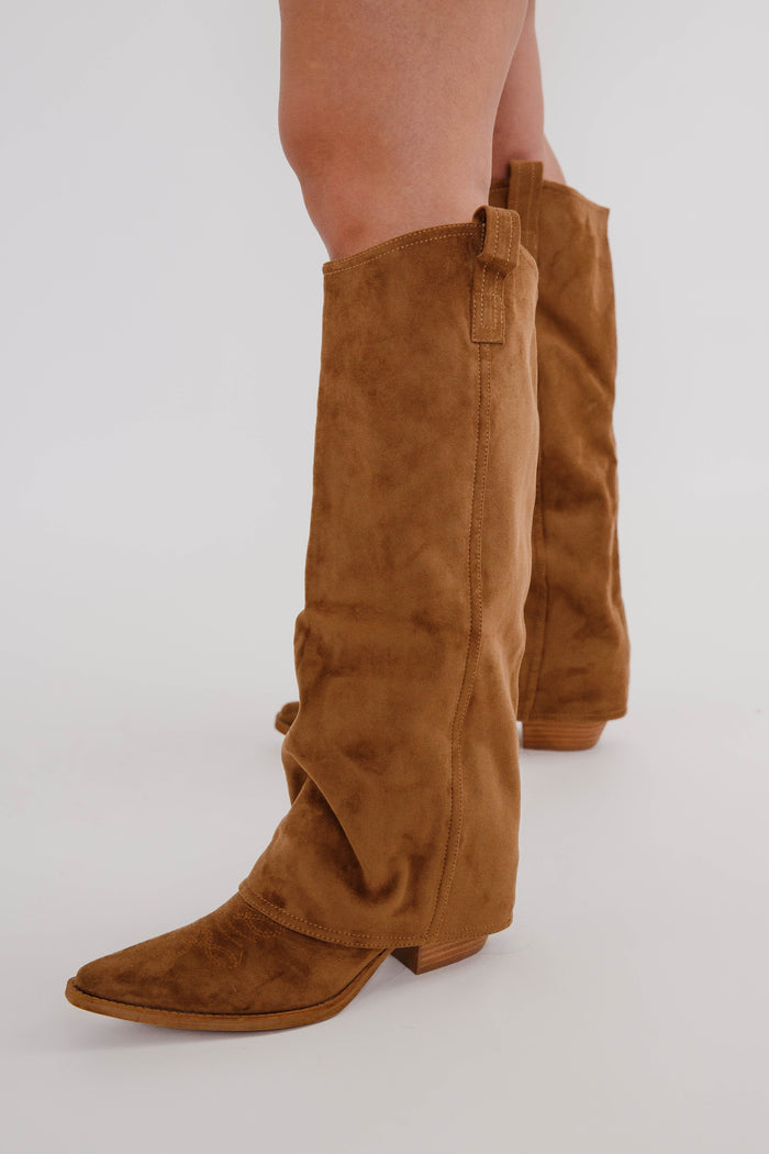Pamela Miim Faux Suede Boots- Dark Camel Pointed Toe Western Boots - Women's Western Boots