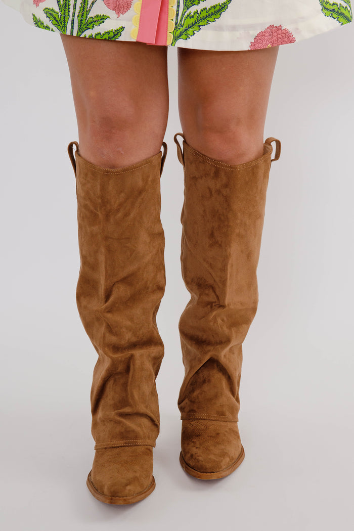 Pamela Miim Faux Suede Boots- Dark Camel Pointed Toe Western Boots - Women's Western Boots