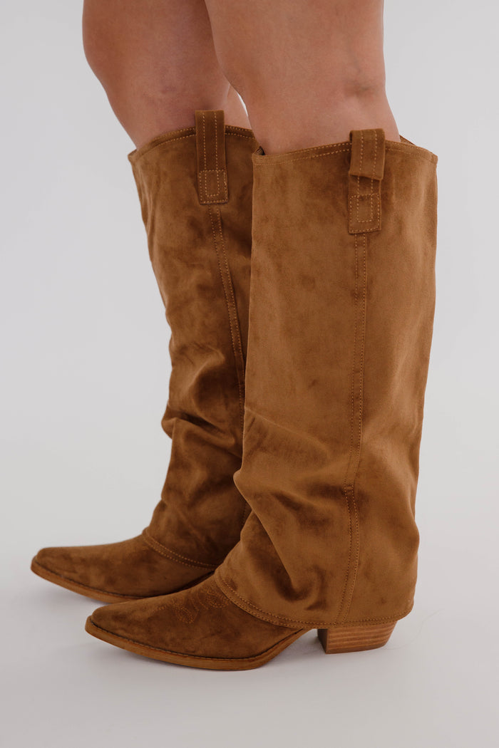 Pamela Miim Faux Suede Boots- Dark Camel Pointed Toe Western Boots - Women's Western Boots