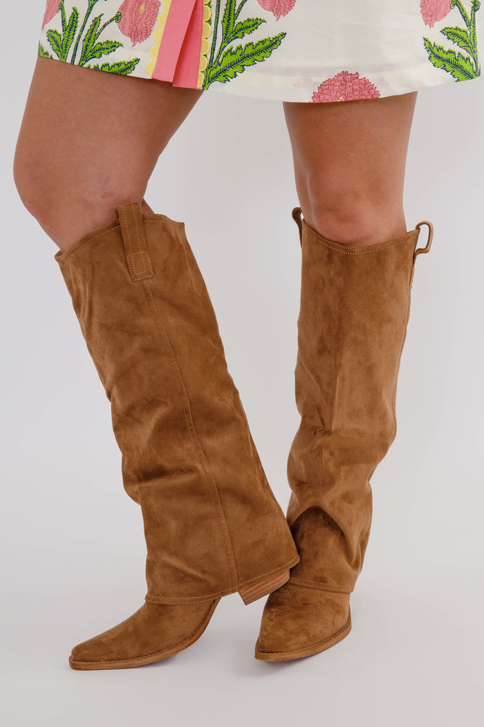 Pamela Miim Faux Suede Boots- Dark Camel Pointed Toe Western Boots - Women's Western Boots