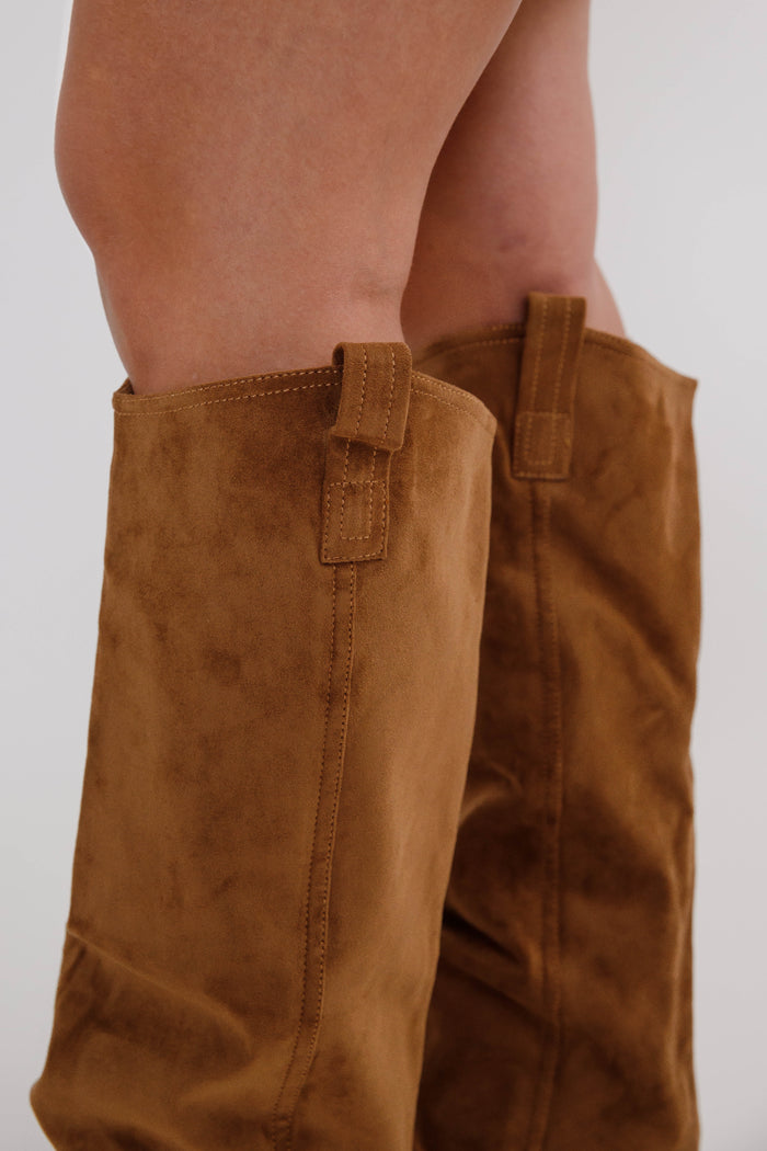 Pamela Miim Faux Suede Boots- Dark Camel Pointed Toe Western Boots - Women's Western Boots