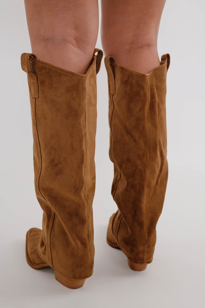 Pamela Miim Faux Suede Boots- Dark Camel Pointed Toe Western Boots - Women's Western Boots