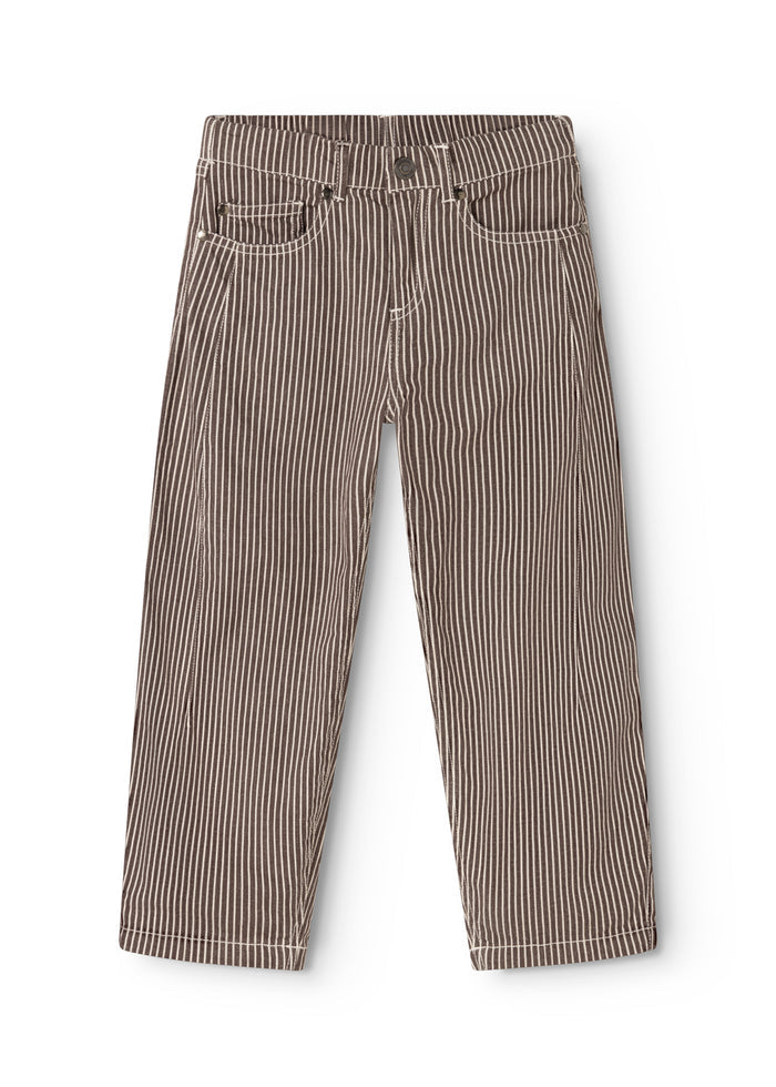 Striped dark brown children's trousers with elastic waist and two front pockets, straight legs.