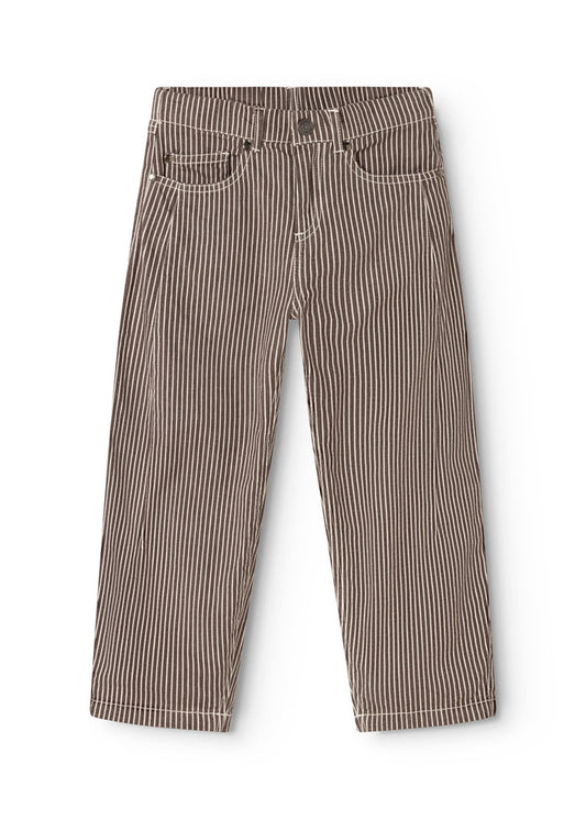Striped dark brown children's trousers with elastic waist and two front pockets, straight legs.