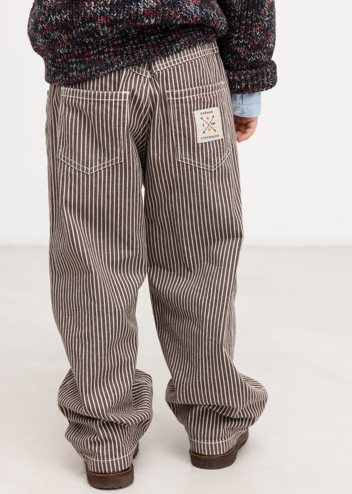 Half pairs of dark brown striped children's pants with back pockets and elastic waist.