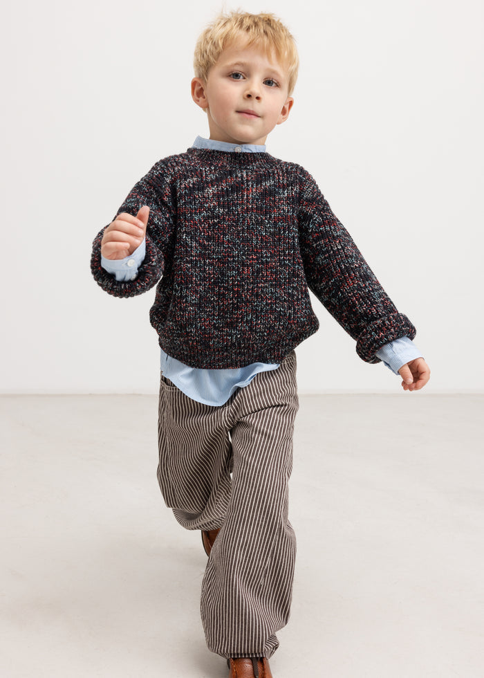 Dark brown striped pants for boys, elastic waist and relaxed fit.