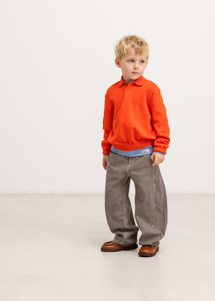 Dark brown striped children's trousers with an elastic waistband and slim ankle pockets.