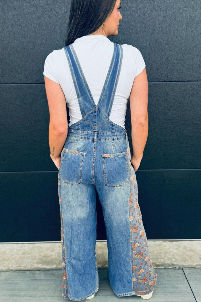 Peacock Blue Floral Patchwork Bib Denim Wide Leg Overalls