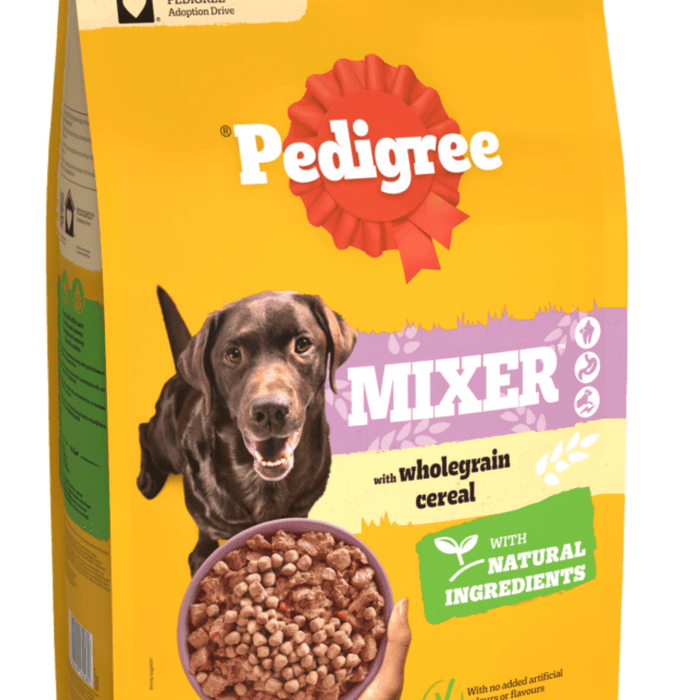 A close up of a Pedigree Adult Dry Mixer Food 12kg bag on a white background