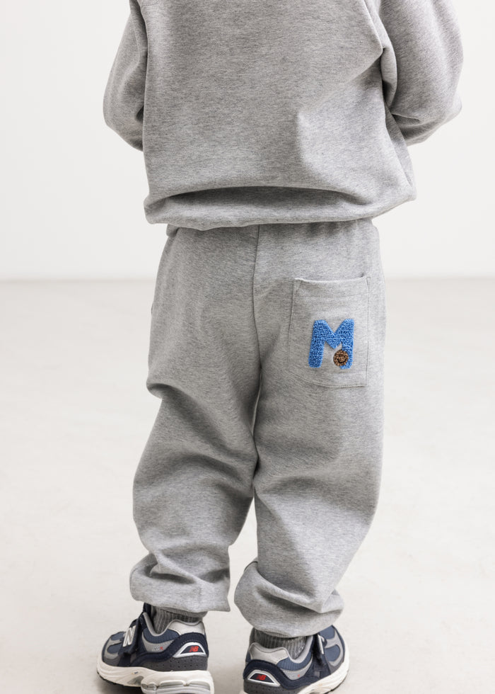 Gray jogger pants with blue logo and side pockets, plus ribbed edges; set with sneakers