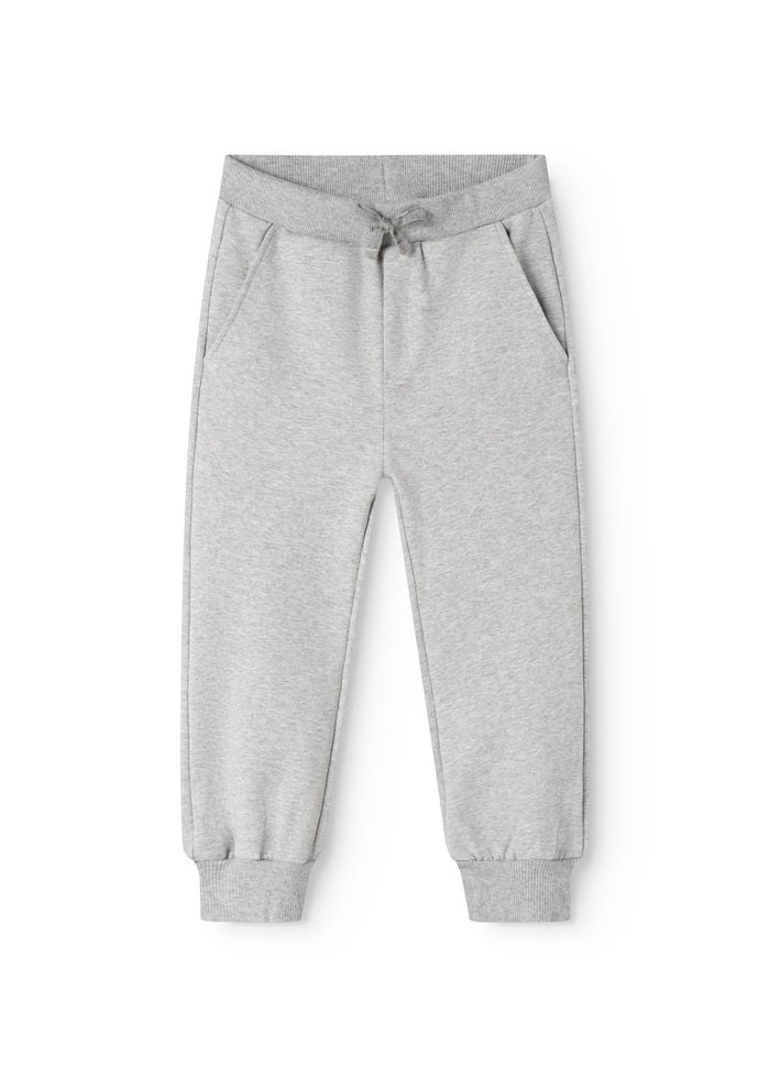 Gray jogger pants for children with drawstring in elastic waistband and ribbing at the ankles.