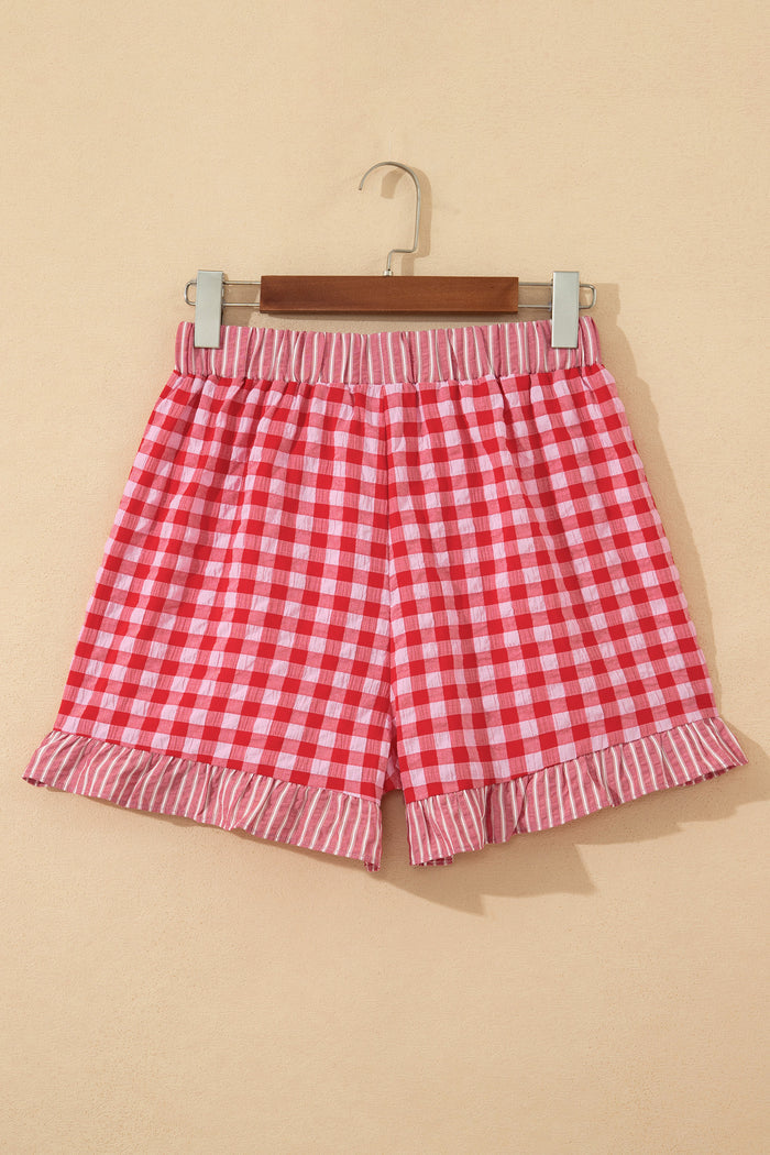 Pink Gingham Print Ruffle Striped Detail Lace Tie Shorts