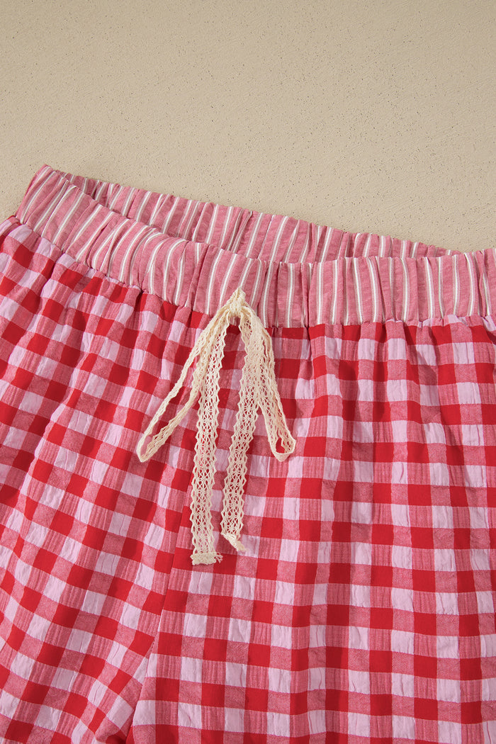 Pink Gingham Print Ruffle Striped Detail Lace Tie Shorts