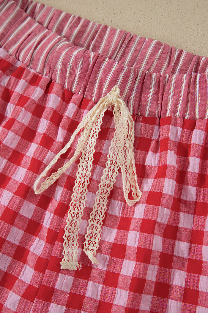 Pink Gingham Print Ruffle Striped Detail Lace Tie Shorts