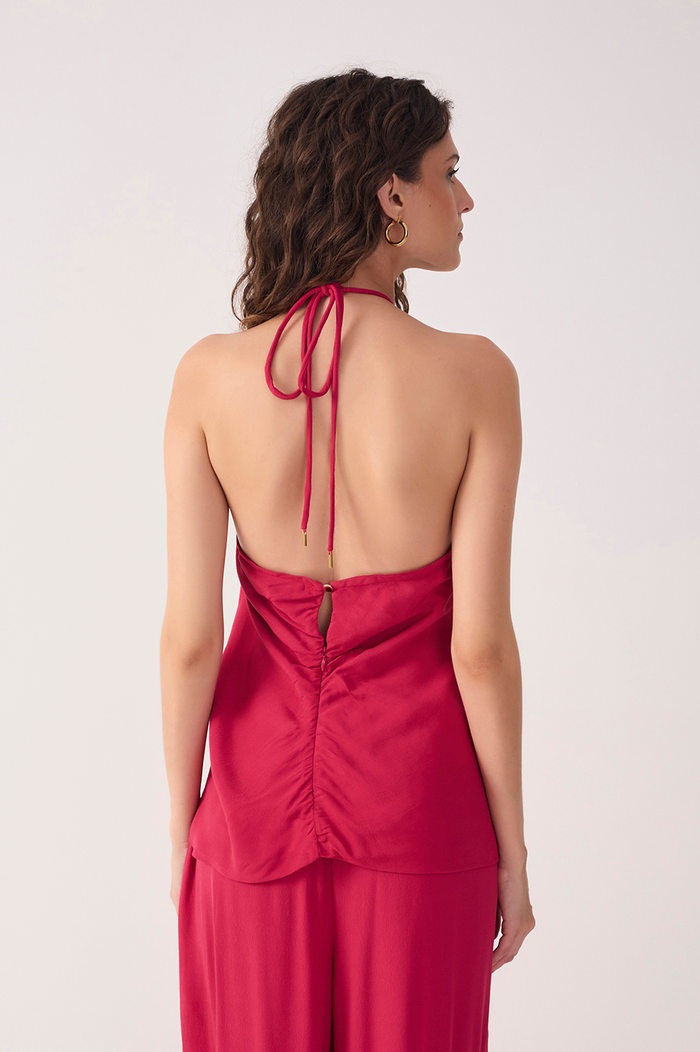 Pink Halter Neck Ruched Crepe Blouse_5