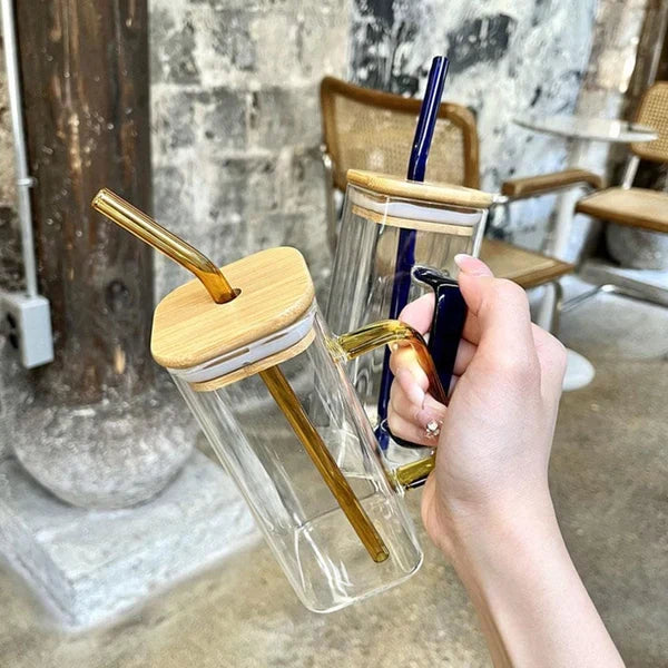 Plain Glass With Handle & Wooden Lid