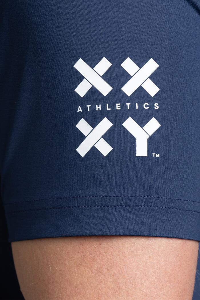 Navy blue Tshirt sleeve with a white brand logo || Navy