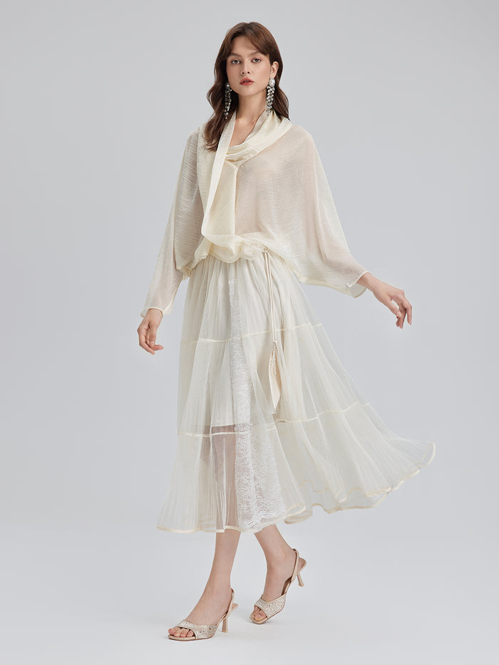 Pleated Mesh Elastic Waist Skirt