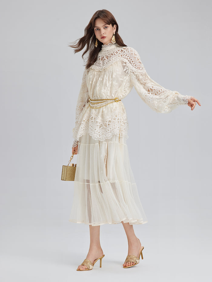 Pleated Mesh Elastic Waist Skirt