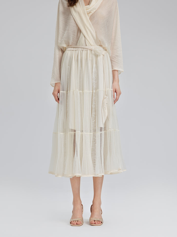 Pleated Mesh Elastic Waist Skirt