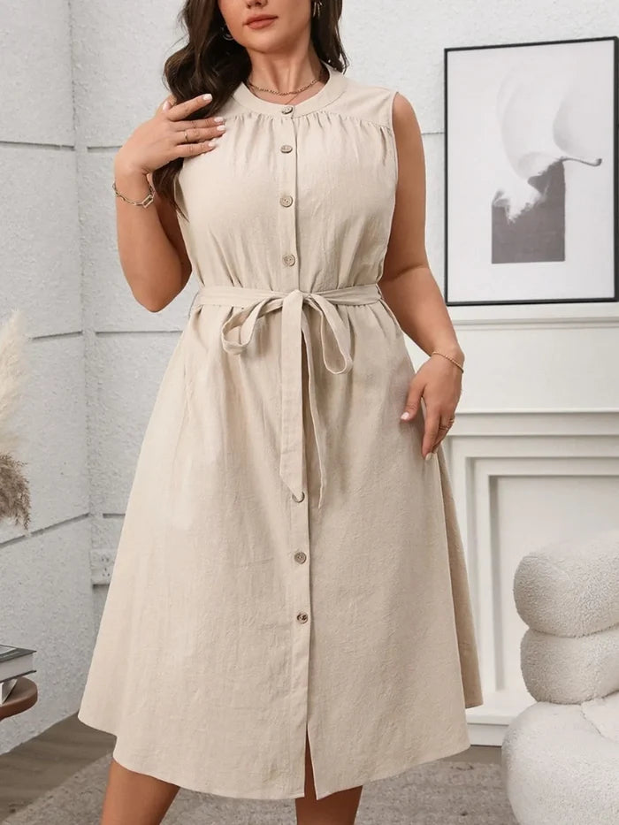 sleeveless tie waist plus size dress in beige with button front and casual fit