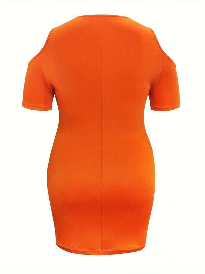 Plus size orange cold shoulder short sleeve mini dress with stretchy fabric and modern cut