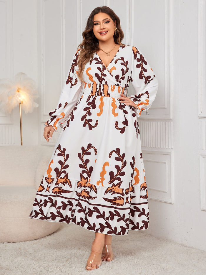 Plus size honey print dress for women featuring long sleeves and a flowing maxi silhouette