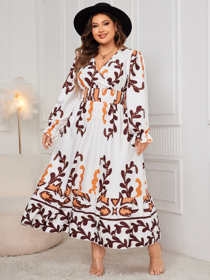 Plus size honey print dress for women with long sleeves and V-neck in white brown and orange