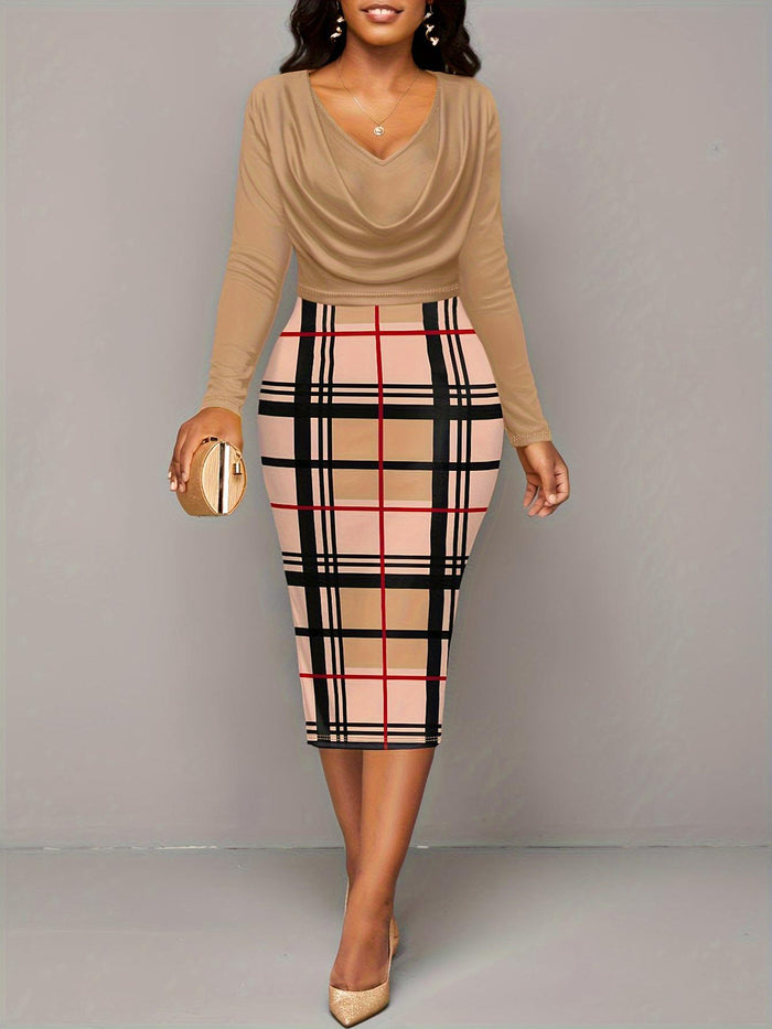Trendsi plus size plaid long sleeve dress with beige draped top and fitted plaid skirt
