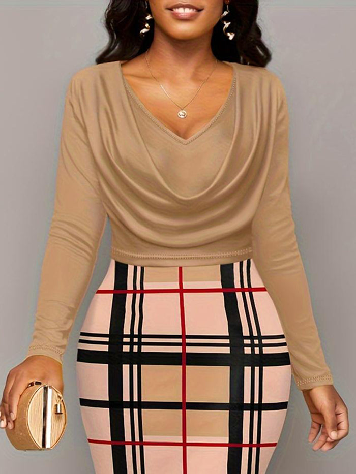 Trendsi plus size plaid long sleeve dress with beige draped top and plaid skirt in neutral tones