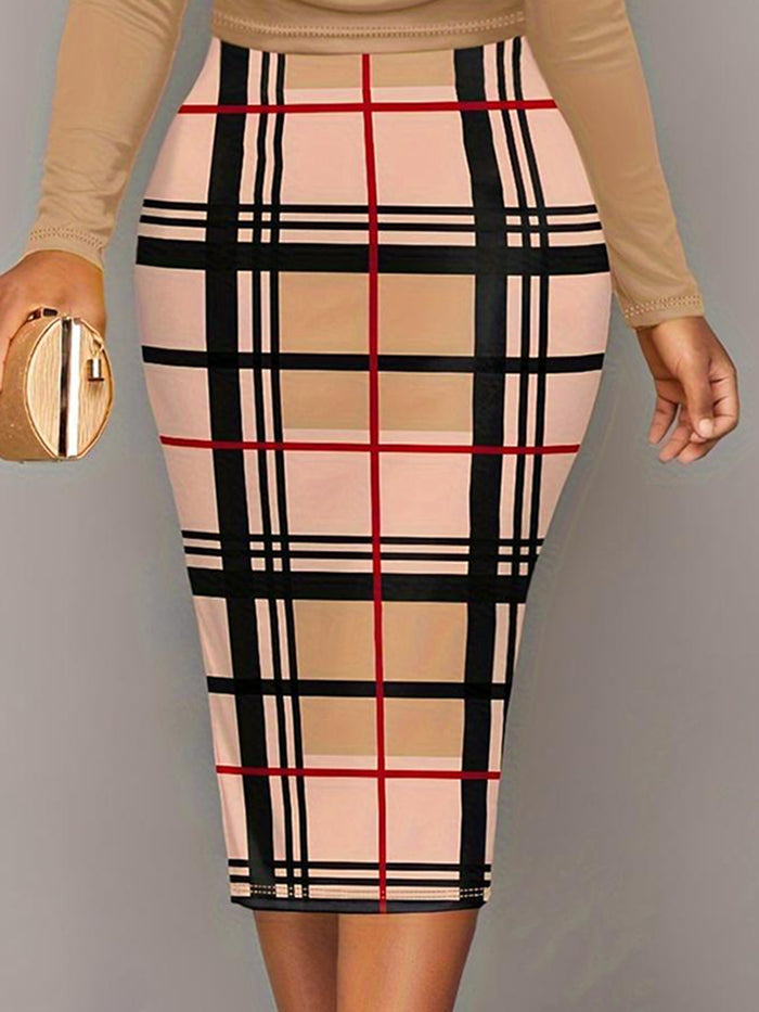Plus size plaid long sleeve dress featuring a beige, black, and red checkered pattern with a fitted silhouette