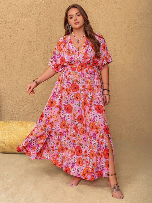 Trendsi plus size floral maxi dress with pink and orange flowers, short sleeves, and a side slit