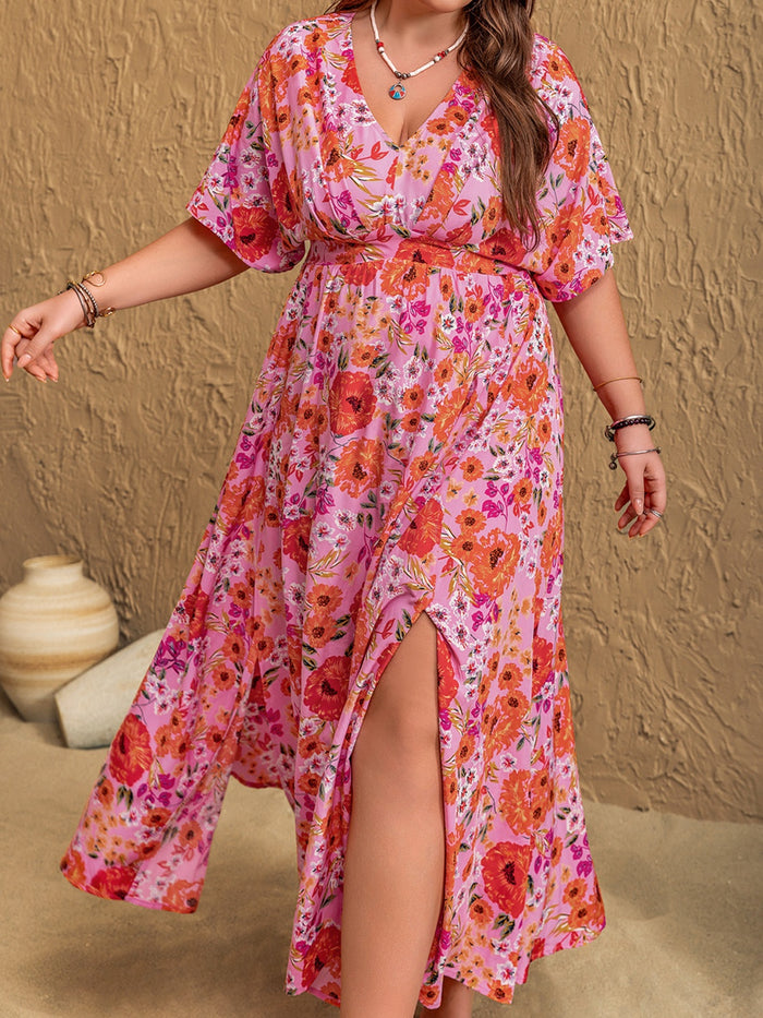 Trendsi plus size floral maxi dress in pink with orange flowers and a front slit