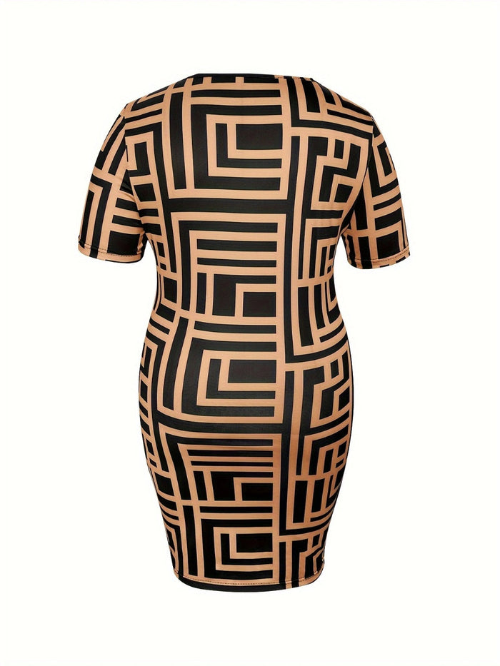 Plus size sweetheart neck mini dress with short sleeves and bold geometric print, fitted silhouette for curves.