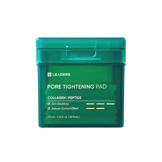 Green container of Pore Tightening Pad | Leaders skincare product with collagen and peptide for skin elasticity and sebum control effect, holding 50 pads