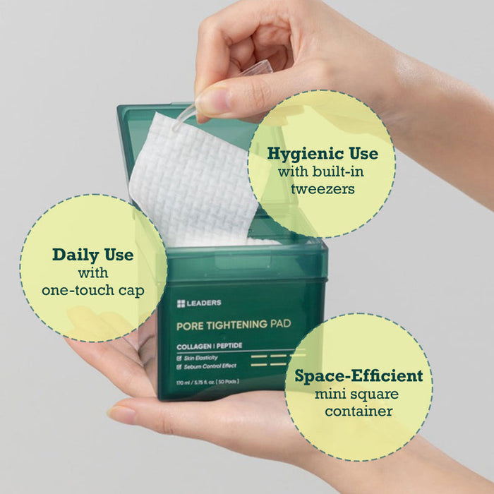 Hand holding a green container of Pore Tightening Pad | Leaders with a pad being removed using built-in tweezers, highlighting daily use, hygienic design, and space-efficient packaging for skincare.